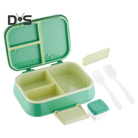 Ланч-бокс Bento с чашкой для соуса, вилкой, ложкой, контейнером для ланча с 3 отделениями, контейнерами для закусок без содержания бисфенола А, подходящими для детей, для девочек и мальчиков зелёный