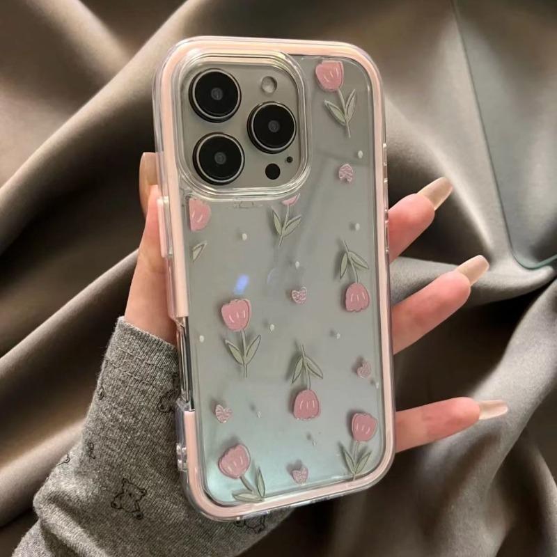 

Luxury Tulips Flower Clear Phone Case For iPhone 16 15 14 13 12 Pro Max Pink Soft Transparent Shockproof Cover Conque For iPhone 12