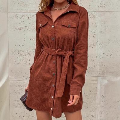 European and American Women's Clothing Elegant Temperament Bag Cover Belt Tooling Style Corduroy Shirt Skirt Dress Short Skirt