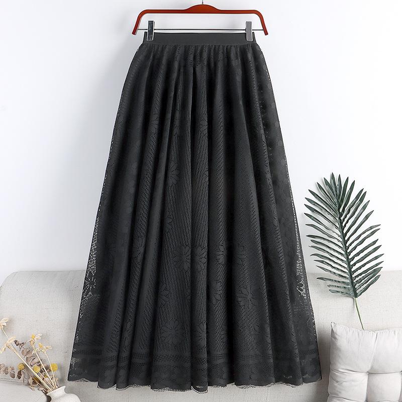 Frühling Neue Stil frauen High-taille Spitze Gehäkelte Hohl Mid-länge Große Schaukel A-linie Regenschirm Rock Rock langen Rock