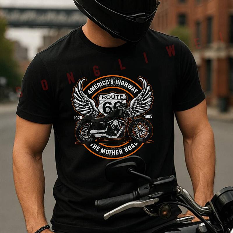 Motorcycls Route 66 Design Moto Tshirt Men's And Women's T-shirt Cotton Casual Short-sleeved O-