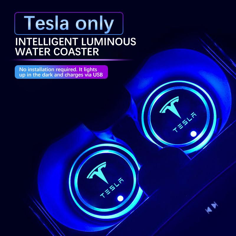 Car LED Luminous Water Cup Pads Auto Coaster Mats for Tesla Model Y Model 3 Model S Model X Auto Accessories