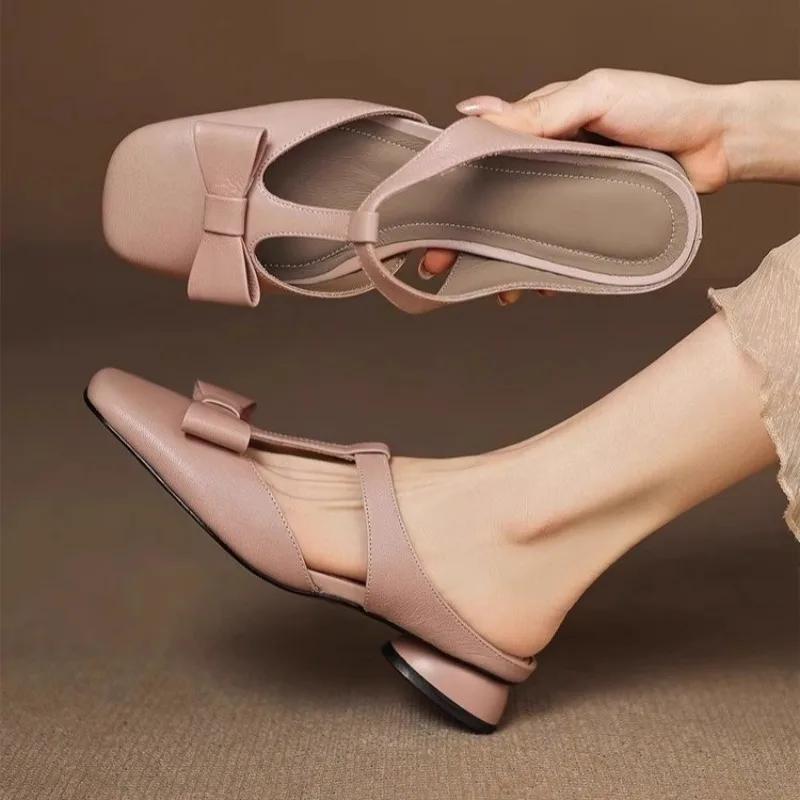 Baotou Half Slippers Women s Summer Square Toe Shallow Mouth Bow Low Heel Block Heel Slip on Wear Resistant Slippers 35