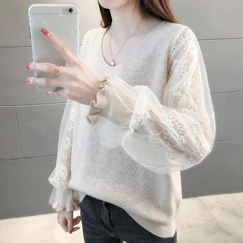 Tops for Women Cotton Shirts for Women Lace Sleeve V-Neck Base Layer Knit Top Long Sleeve Shirt Blouse Pullover Tops