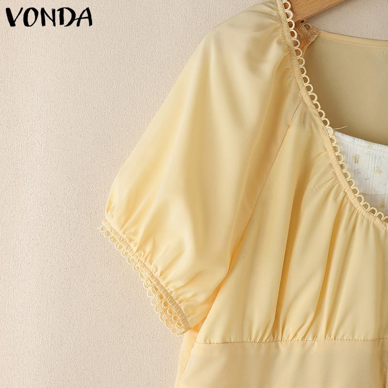 VONDA Damen Sommer Puffärmel Häkelrand Patchwork Rüschen Lässige Bluse