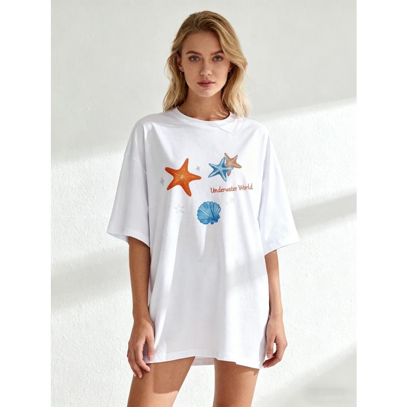 

Oversized T Shirt Black Underwater World Starfish Shell Print Summer Casual Wear XXXXL