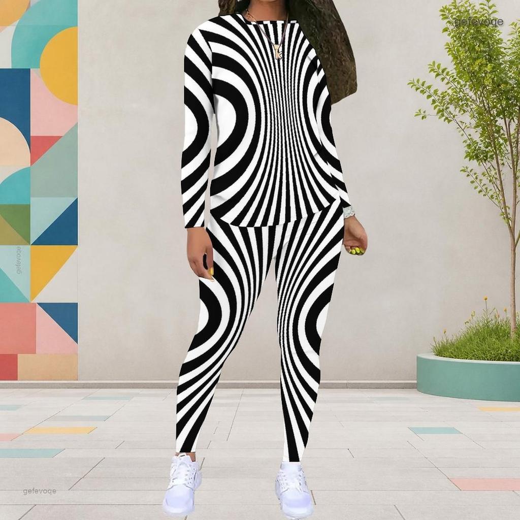 Women Plus Size Black White Printed Round Neck Long Sleeve Top And Fitted Pants Two Piece Set
