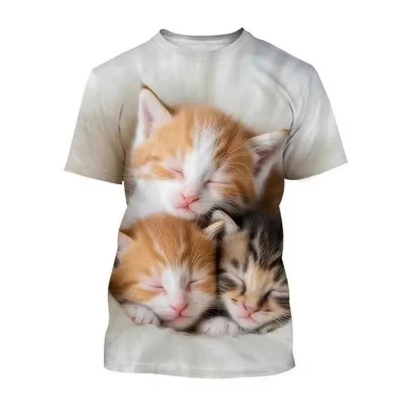 Fashion Korean Kids Clothes Cute Cat Print Tees Children's T-Shirt Girls Summer Clothes Kawaii Crew Neck Junior Girls' Clothing
