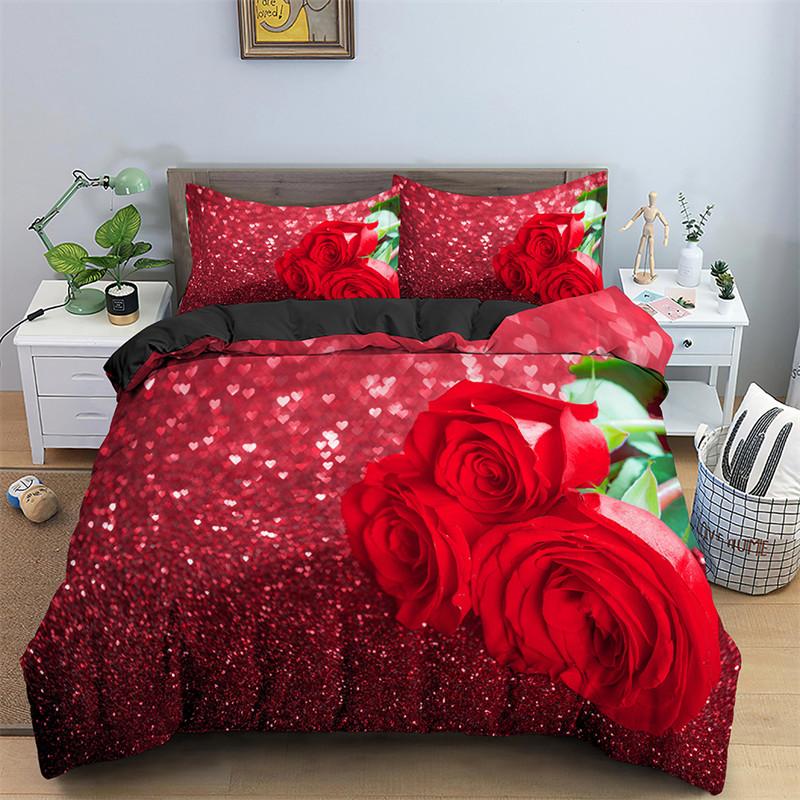 Rose Duvet Cover Set Pink Heart Rose Romantic Flower Theme Bedding Set For Lovers Double Queen King Size Quilt Cover