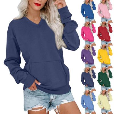 Leichtes warmes Damen Freizeit Sweatshirt Langarm V-Ausschnitt Pullover Mit Taschen Modische Farbe