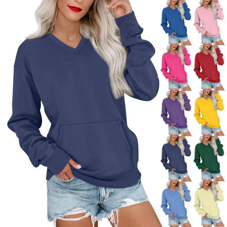 Lightweight Warm Women Casual Sweatshirt Long Sleeve V Neck Pullover With Pockets Fashion Color