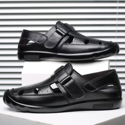 Summer New Men's Sandals Leather Hollow Breathable Men's Shoes Casual Cowhide Hole Shoes Soft Sole Middle-aged Dad Shoes