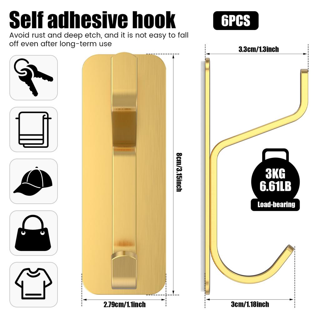 6 Pcs Towel Hooks Stainless Steel Self Adhesive Hook Bathroom Hooks for Hanging Coats Purse Clothes Scarfs Backpacks Keys Bags