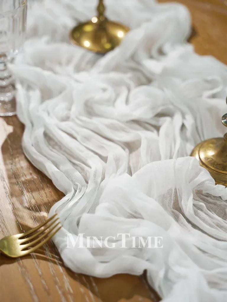 Elegant Pleated Semi-Sheer Gauze Table Runner in Dark Blue Creating Retro Wedding Party and Christmas Scenes Decoration