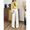 Autumn beige high waist oblique pocket casual wide-leg jeans design sense loose and thin female fish story