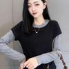 Plus Size Patchwork Faux Layer Long-Sleeve T-Shirt for Women, Slimming and Versatile Autumn Style.