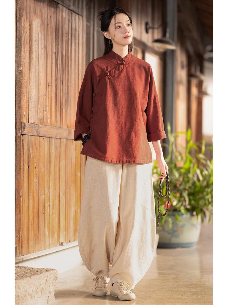 25 Autumn Retro Stand Collar Women's Cotton Linen Shirt with Frog Buttons - Zen Tea Ceremony Style