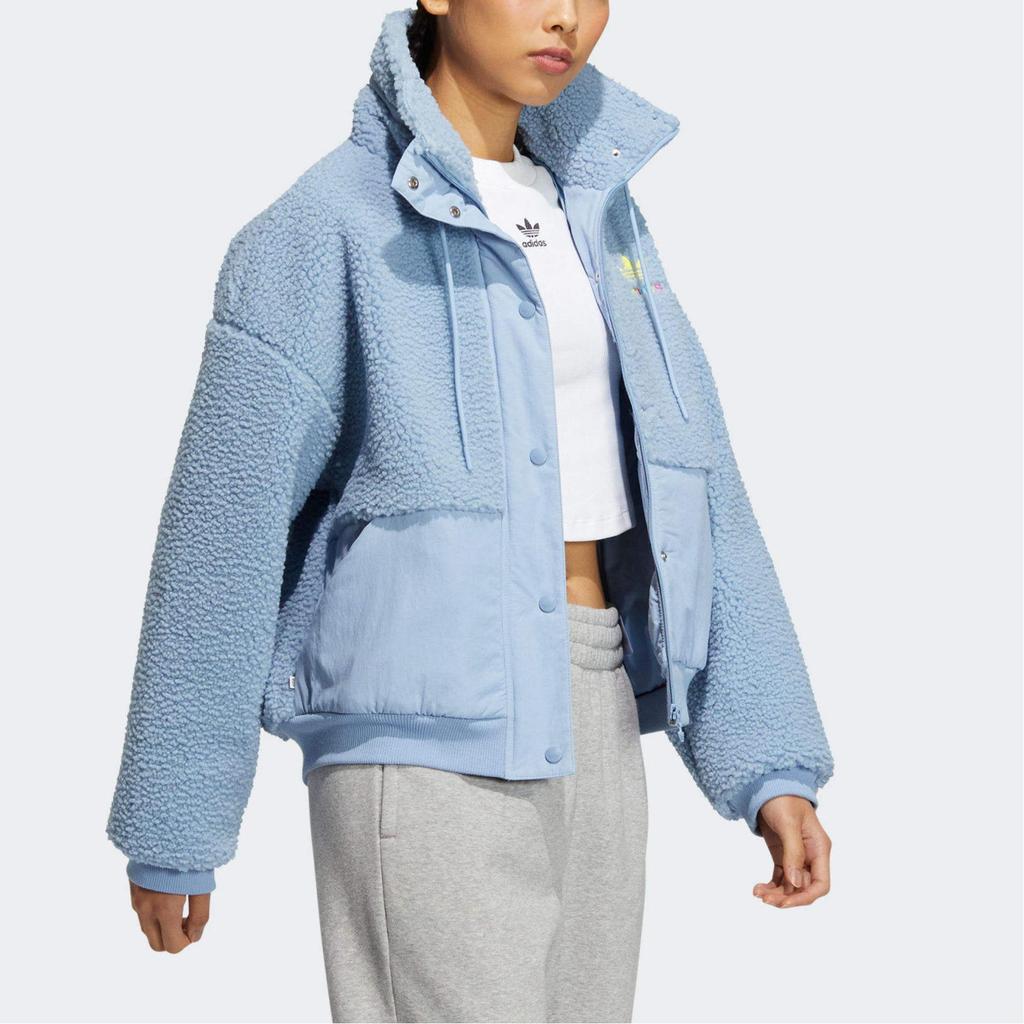 adidas Originals Solid Color Embroidered Logo Zip-Up Stand Collar Jacket Women Jacket Blue HY1374