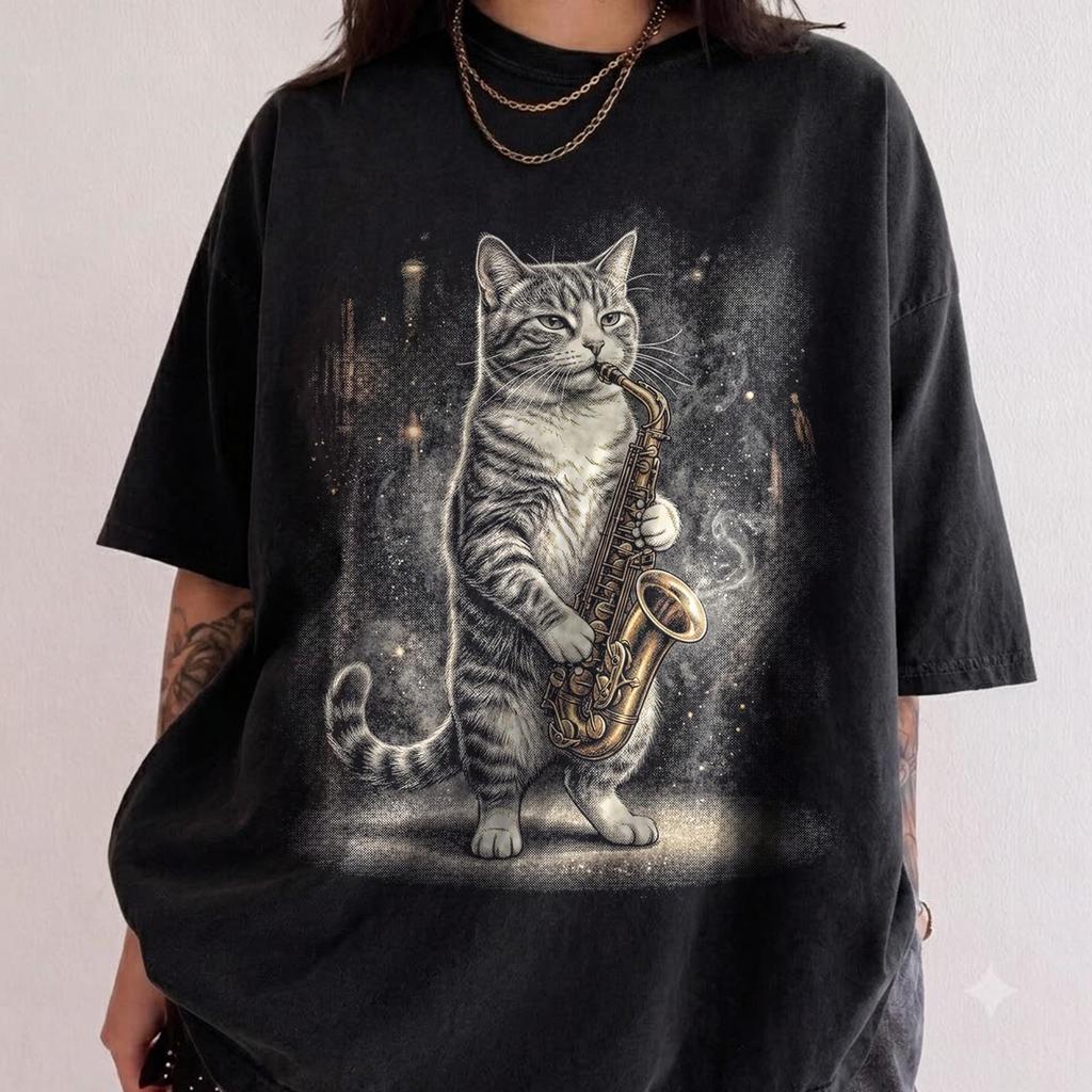 Vintage Saxophone Cat Shirt, Retro Jazz Musician Graphic Tee, Funny Kitten Music Apparel, 90s Aesthetic Top, Quirky Sax Player Gift