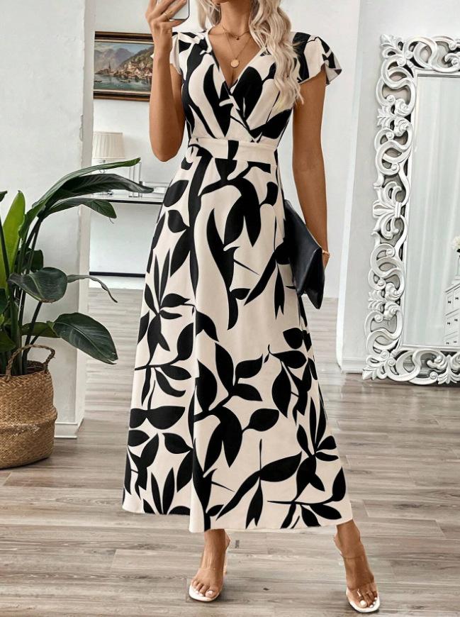 Summer European and American New Women's Clothing Printing V-neck Fashion Printing Temperament Dress Women's Spot