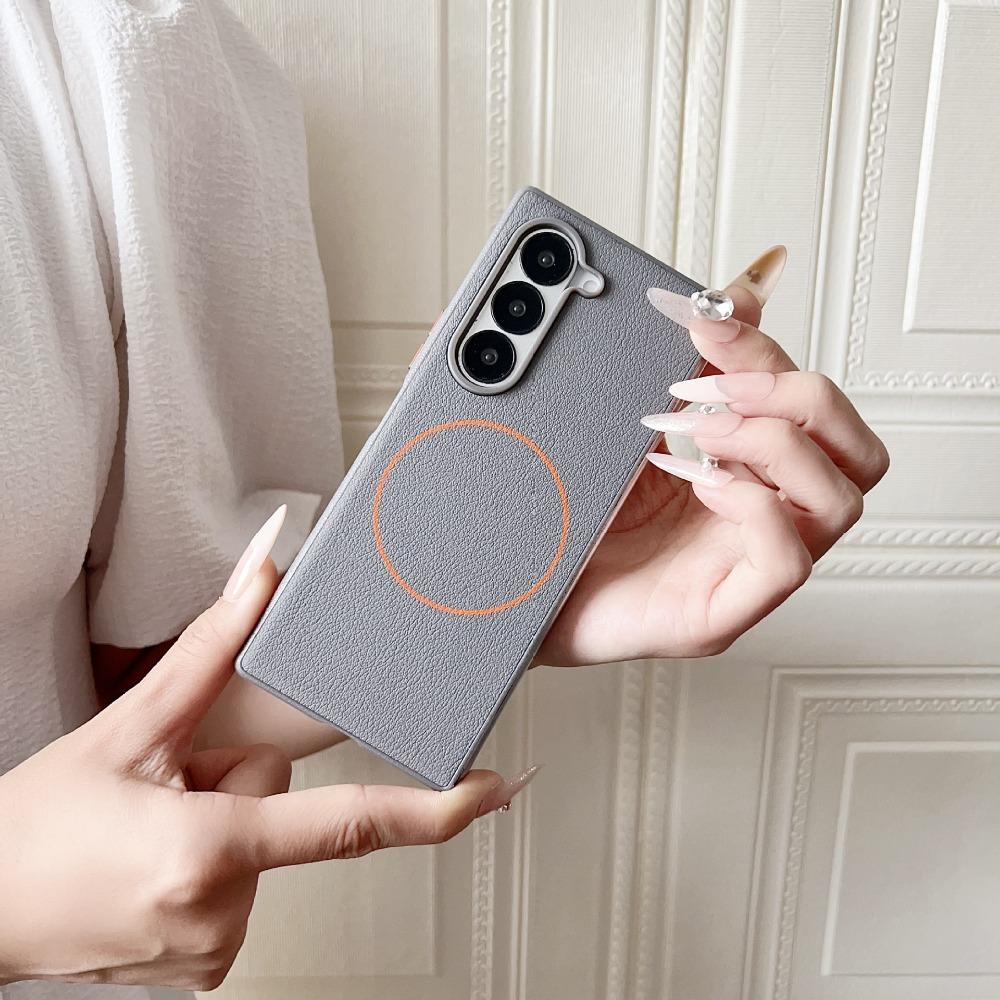 Minimalist Leather Foldable Screen Phone Case For Samsung Galaxy Z Fold 7 6 5 Fine Ring Magnetic Wireless Charging Protect Cover