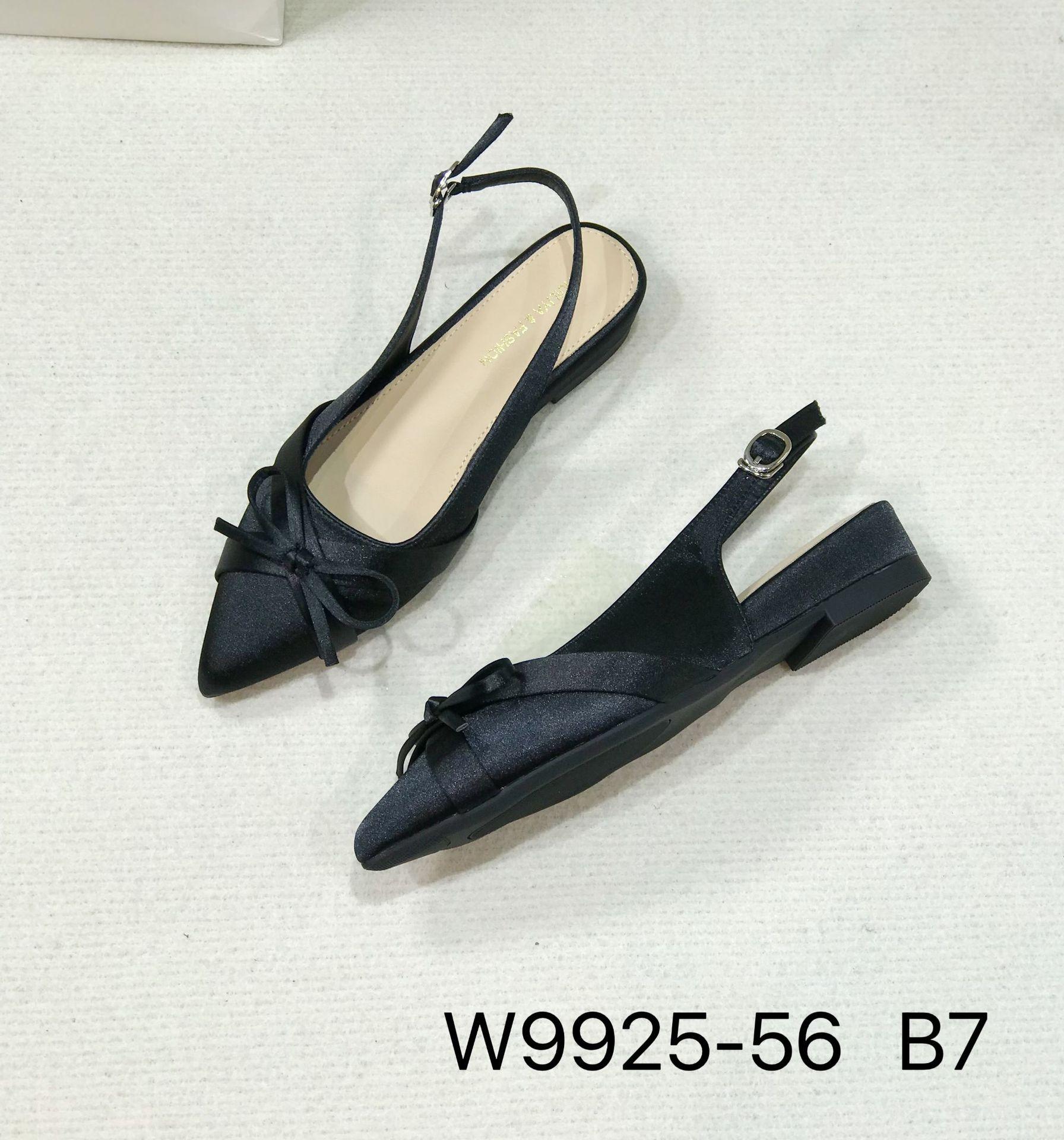 

W9925-56 French 2025 Summer Temperament Celebrity Silk Bow Skirt Pointed Head Single Shoes Baotou Sandals Women 40 чорний