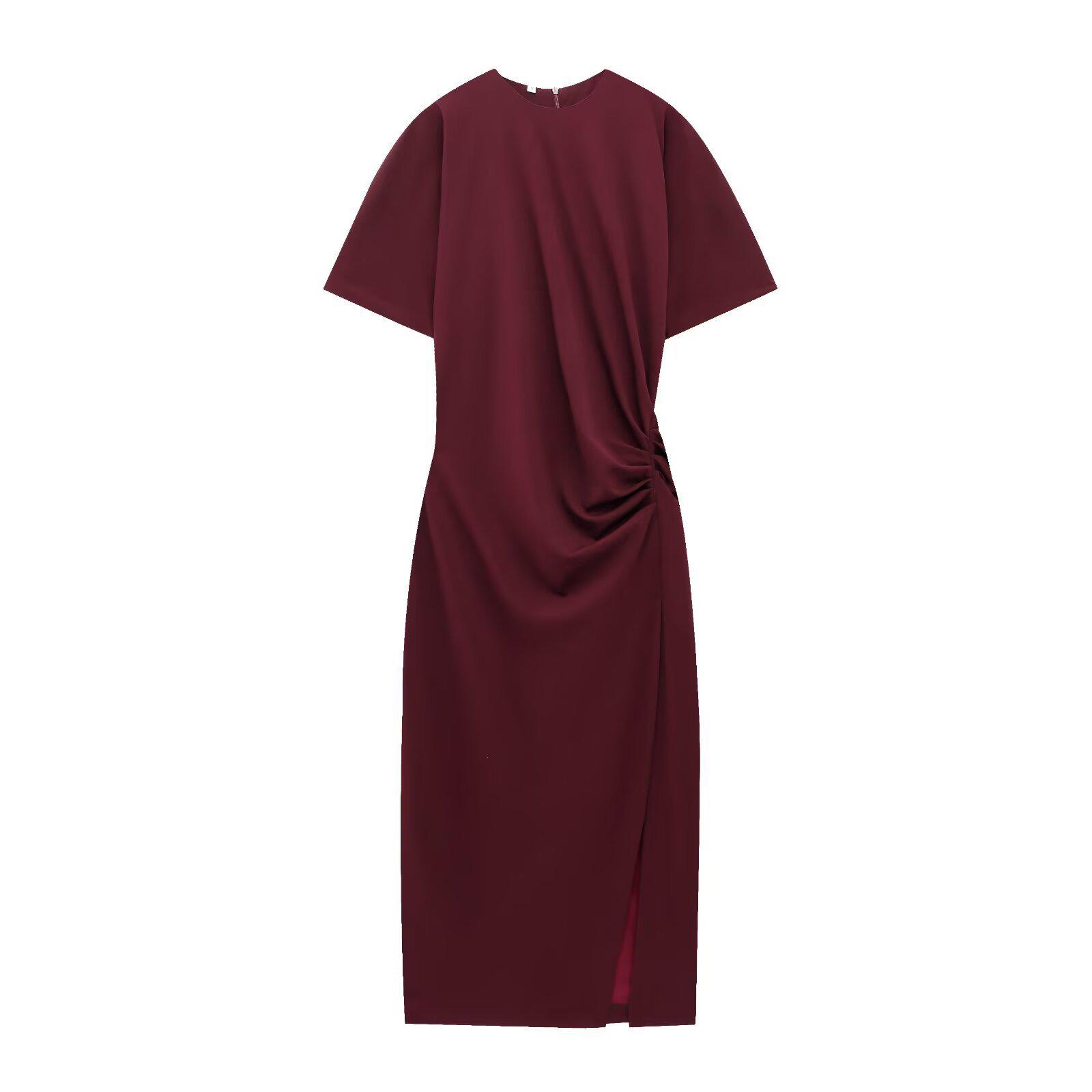 

Весна 2025 Женское французское минималистичное плиссированное миди-платье - Короткий рукав, Круглый вырез Large вино красного