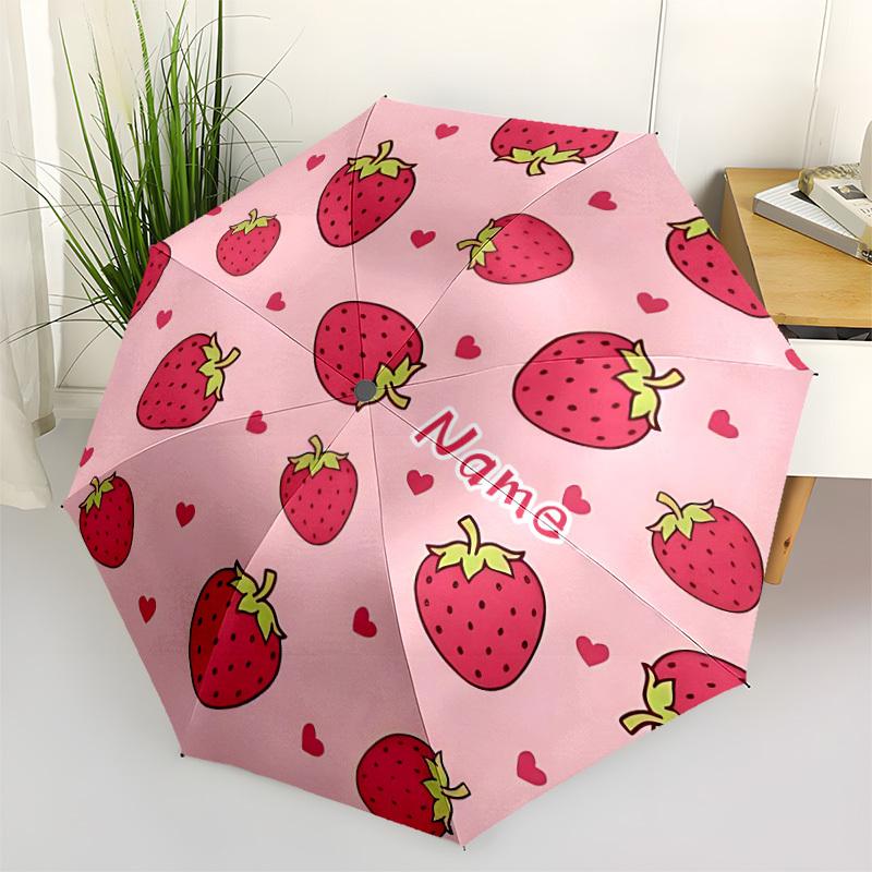 1pc Strawberry Heart Custom Name Automatic Folding Umbrella, Durable Plastic & Iron, Lightweight for Outdoor Daily Use S1230071