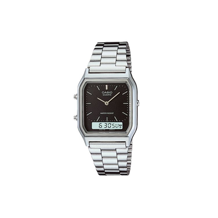 Casio Youth Series Square Dial Dual Display Retro Classic Multifunction Quartz Movement Stainless Steel Strap Men watches Black AQ-230A-1D Regular Watch Box,Black Dial