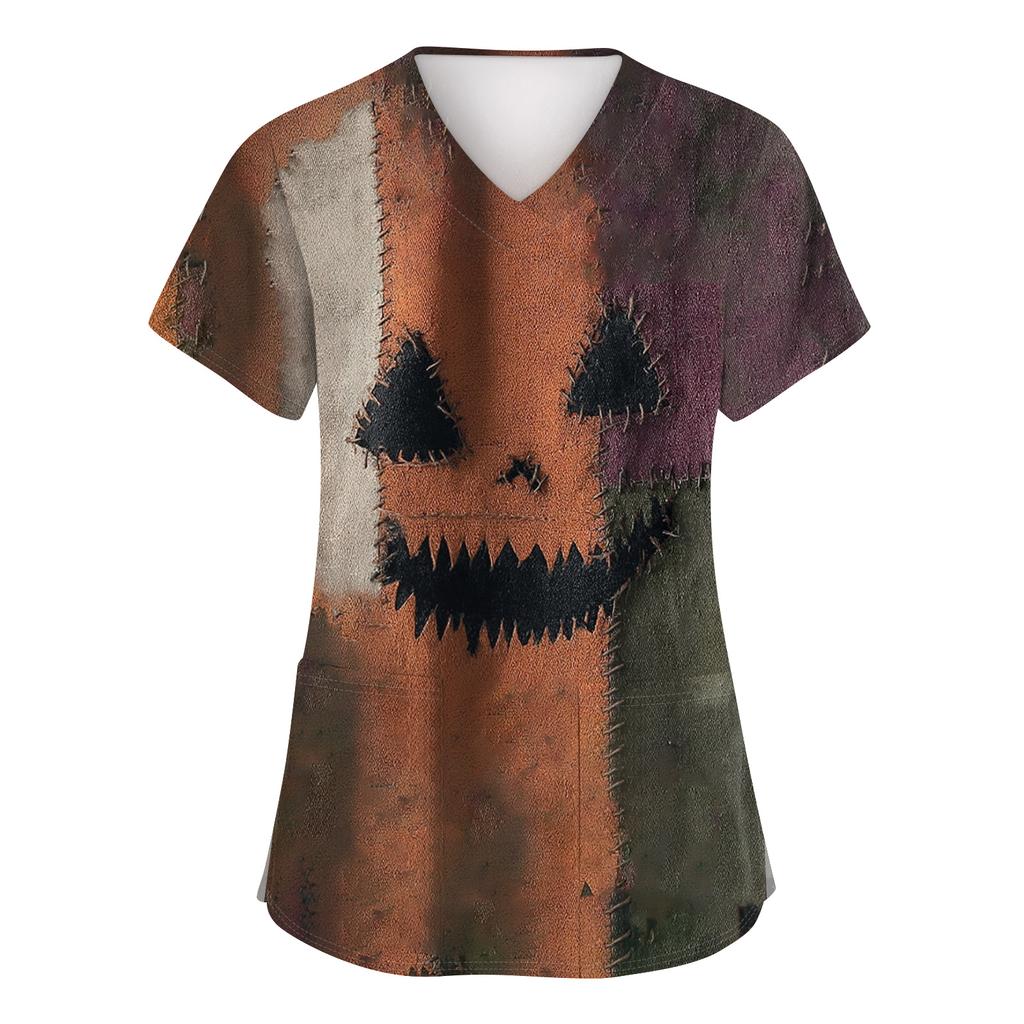 Women's Fashion Short Sleeve Halloween Print V-Neck Pocket Workwear Tops