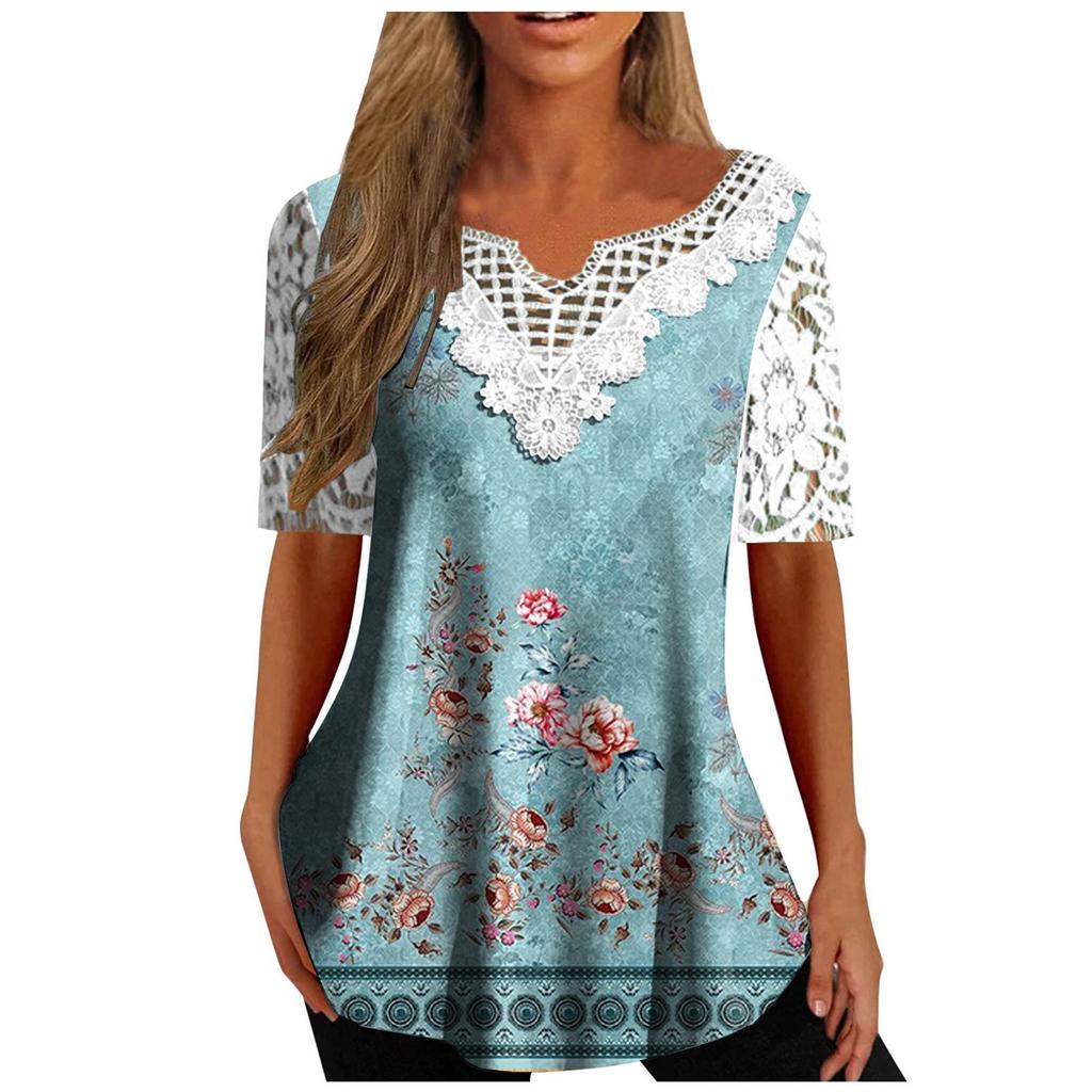 Women's Fashion Casual Lace Sleeve V-Neck Lace Trim Printed Short Sleeve Tops