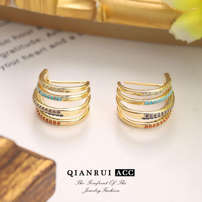 

Colorful Micro-Paved Tassel Earrings: Luxury Multi-Layer Diamond Circle Studs with Hollow C-Shaped Design