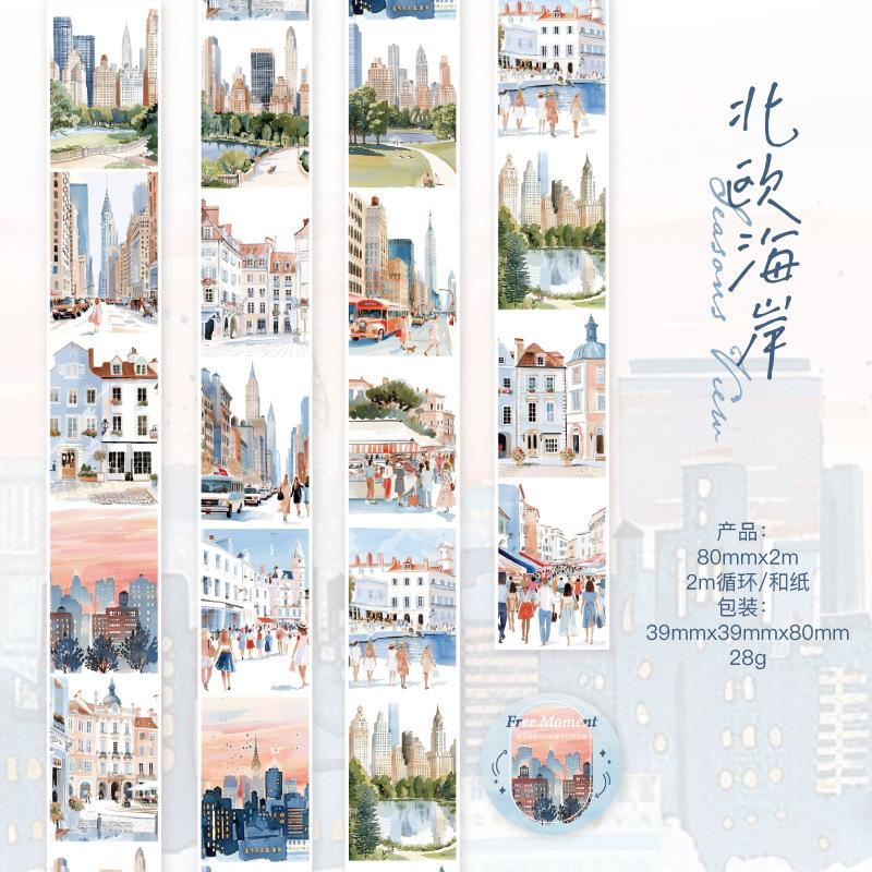 1 Roll 8*200cm Scene-Building Tape Stickers, Illustration-Style Cityscape with Houses & Figures for Scrapbooking