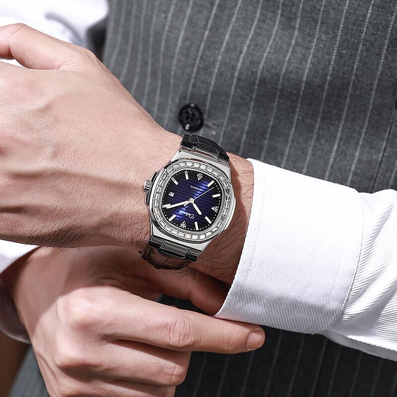 

Dulunwe Мужские часы Роскошные Водонепроницаемые Автоматические Механические Наручные часы Светящиеся Дата Спорт Кожаные Часы Leather синий