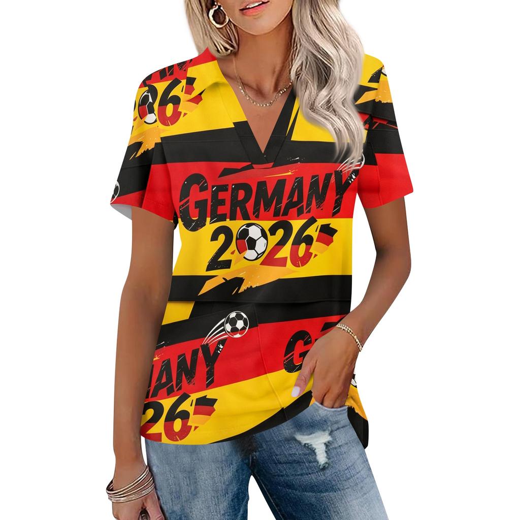 Women's Casual V Neck Short Sleeve T Shirt World Cup Print Polo Style Top Lightweight Comfortable Fit