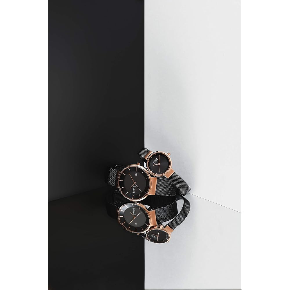 BERING Solar Watch for Men and Women (Unisex) Black and Rose Gold Stainless Steel with Mesh Strap and Sapphire Crystal (Product Number: 14639-166) Off