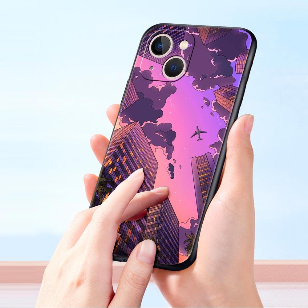 Japan Sunset Scenery Luxury Phone Case For iPhone 13 15 14 12 11 Pro MAX XR X SE XS 7 8 Plus Silicone Black Protection Cover