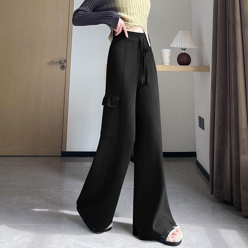 Knitted Wide Leg Pants for Women Autumn Winter High Waist Straight Leg Pants Loose and Casual Design Drawstring Work Pants