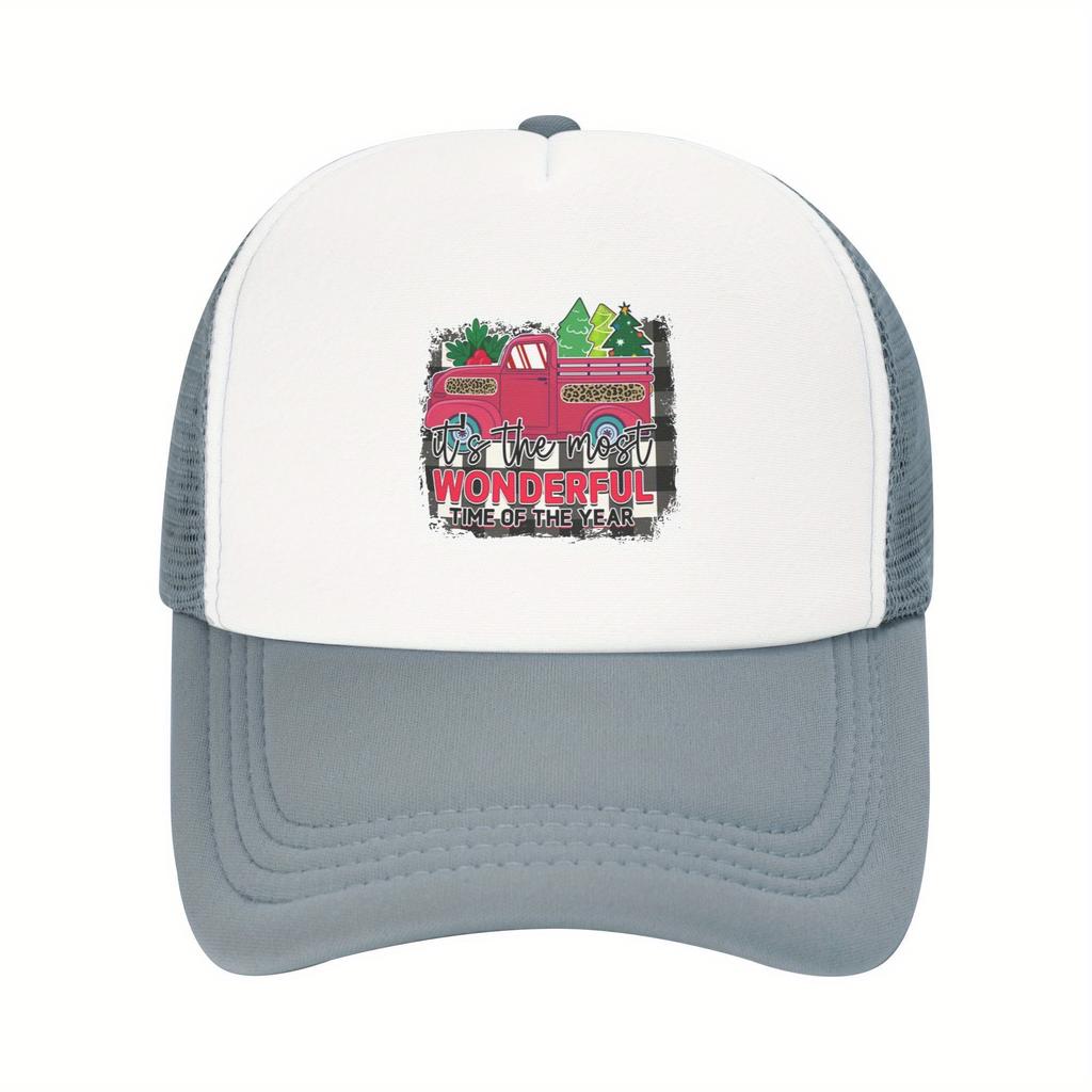 Wonderful Time of Year Christmas Trucker Hat Festive Red Truck Mesh Baseball Cap Breathable Adult Snapback