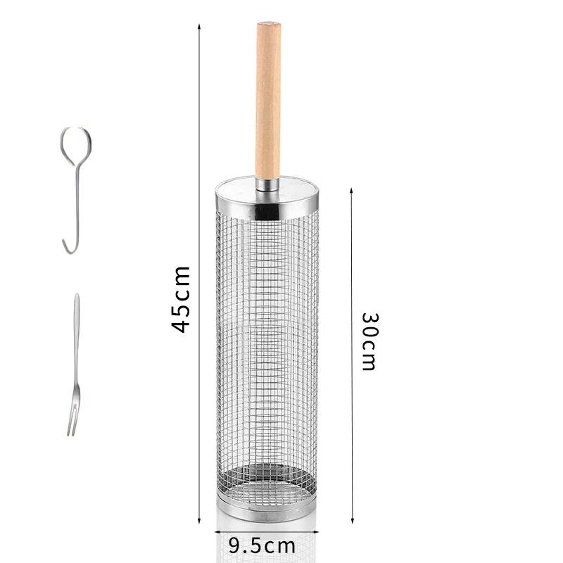 BBQ Basket Stainless Steel Rolling Grilling Basket Set Wire Mesh Cylinder Grill Basket Outdoor Camping Bbq Rack With Wood Handle