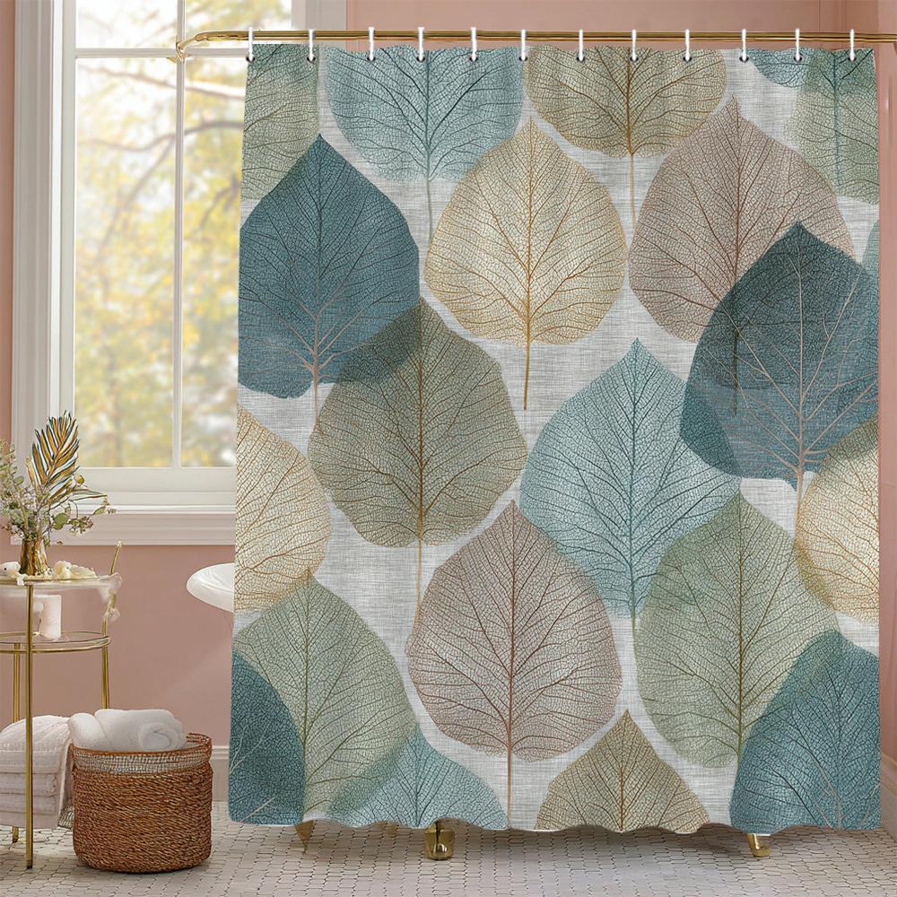 Golden Leaf Shower Curtain, Bathroom Decorative Shower Curtain, Waterproof Shower Curtain With Hooks