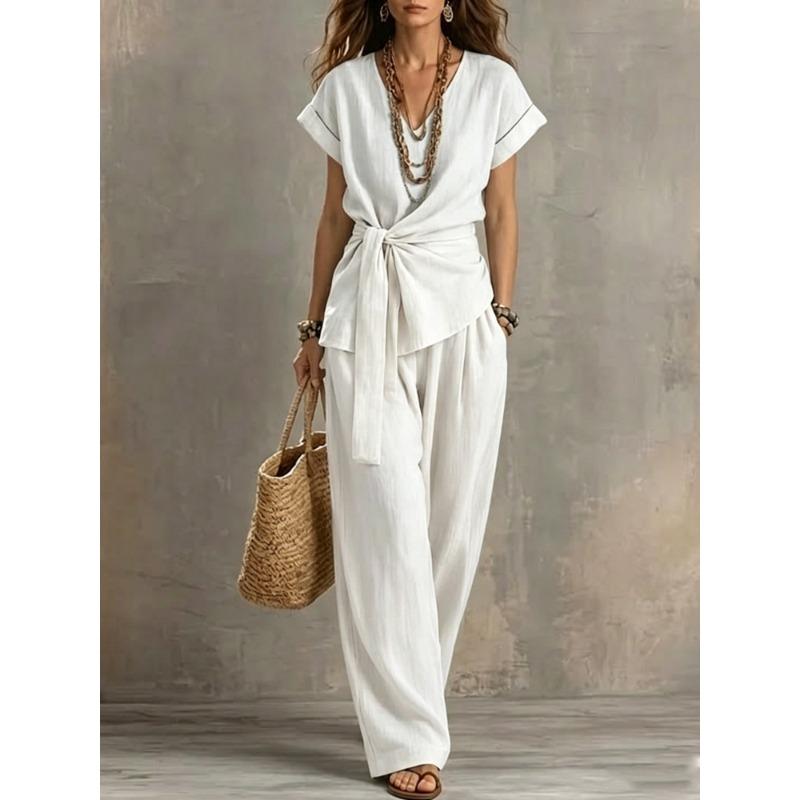 QICED Women s Fashion Casual Short Sleeve V Neck Pants Suits S