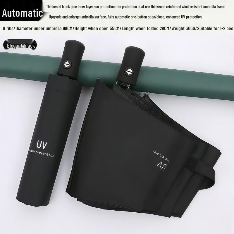 Fully Automatic Dual-Use Folding Umbrella with Logo - Sun & UV Protection, Black Glue Sunshade for Sunny/Rainy Days.