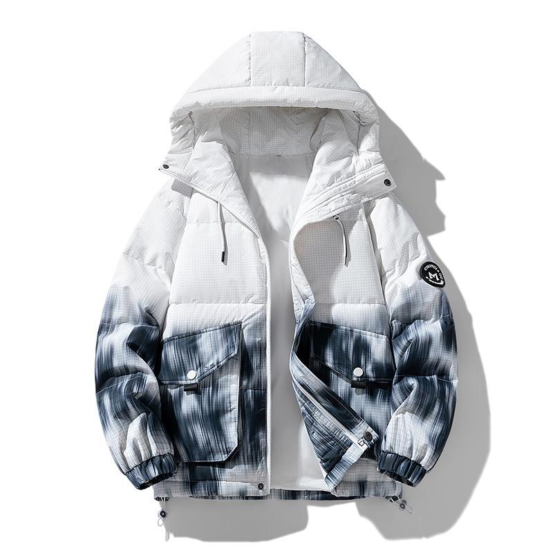 2025 Winter New White Duck Down Jacket Gradually Change Contrasting Colors Couple Ruffian Handsome Hooded Warm Cold Resistance Thickened Outside
