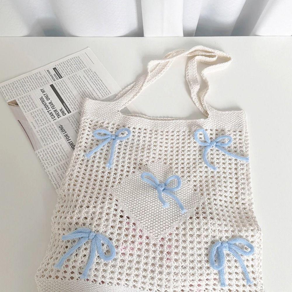 Large Capacity Knitted Shoulder Bag Handmade Weaving Woven Underarm Bag Hollow Out Handbag  Picnic