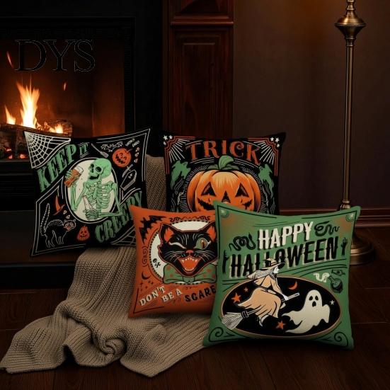 Decorative Bed Cushion Covers 4Pcs/Set Halloween Linen Covers, 18x18 Inch Retro Throw Pillow Cases, Soft Skeleton Pumpkin Black Cat Witch for