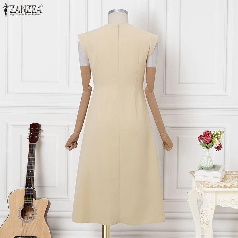 ZANZEA Women Casual Round Neck Summer Sleeveless Midi Dress