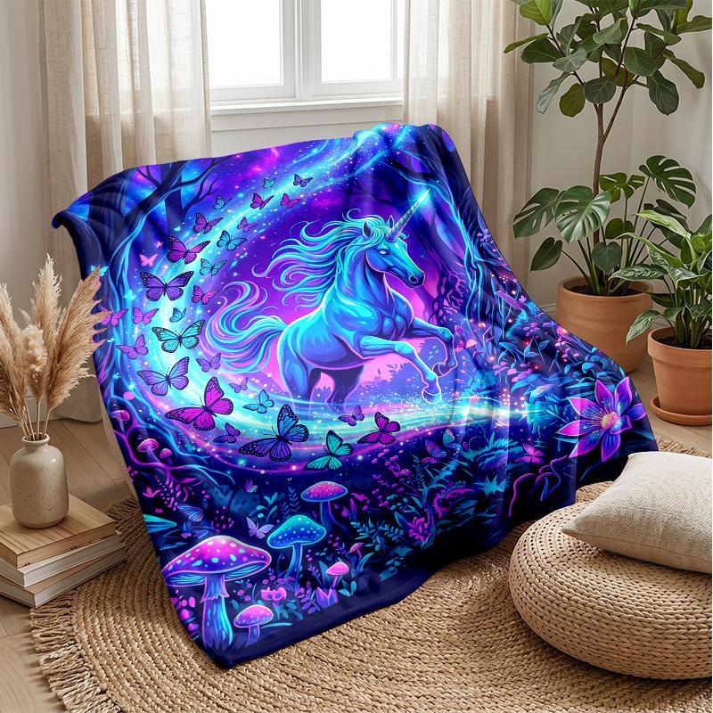 Magical Unicorn in Starry Garden Theme blanket Lightweight Warm Flannel Blanket Decorative Throw Blanket for Home Decoration