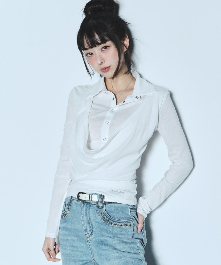 Nigaennikol Drape Collar Slim Top_Ivory