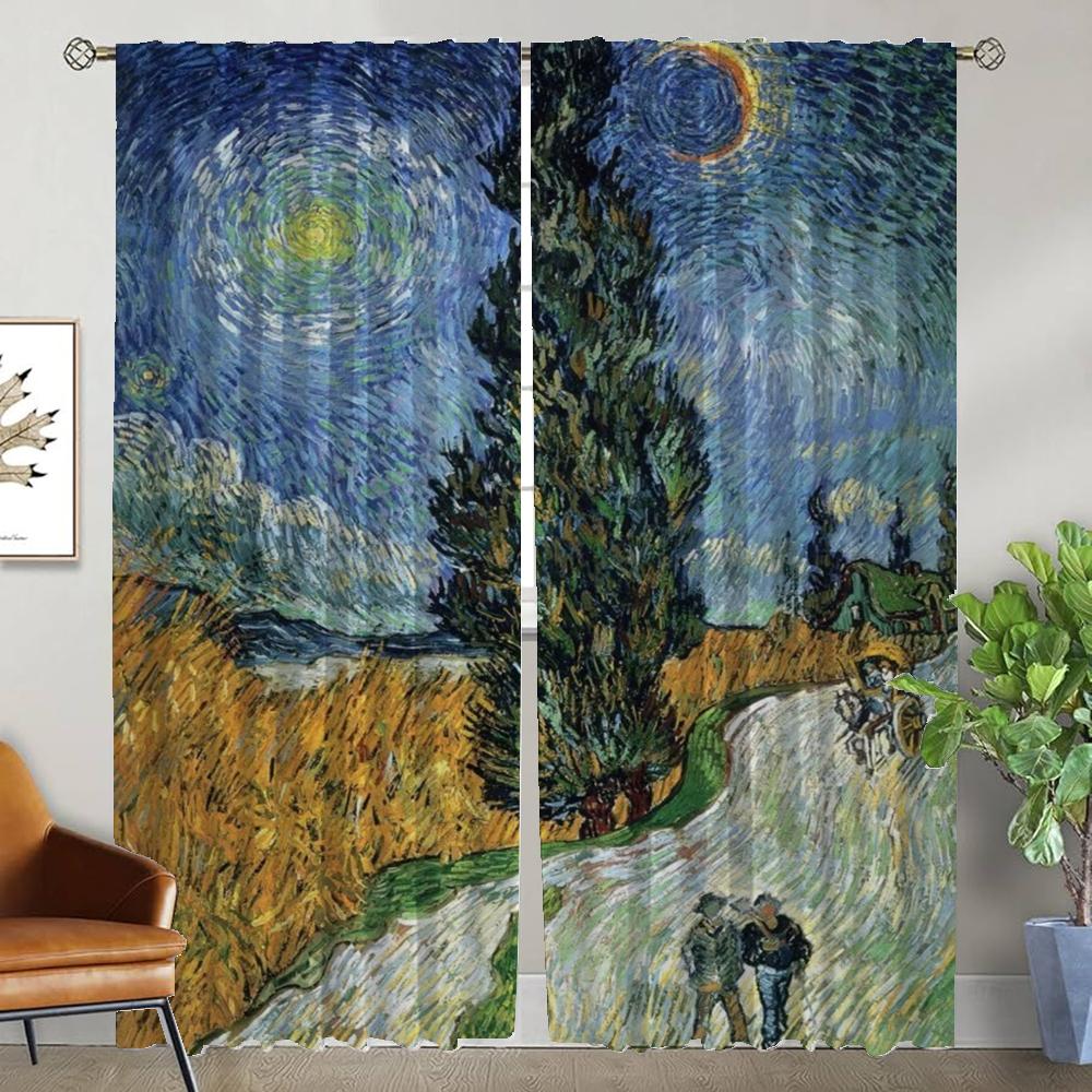 

Шторы для окон Ван Гога для комнаты, 2 панели, современные шторы для гостиной, перегородки, шторы для домашнего интерьера, тюль для спальни, абажуры W50xH70cmx2pcs-CL